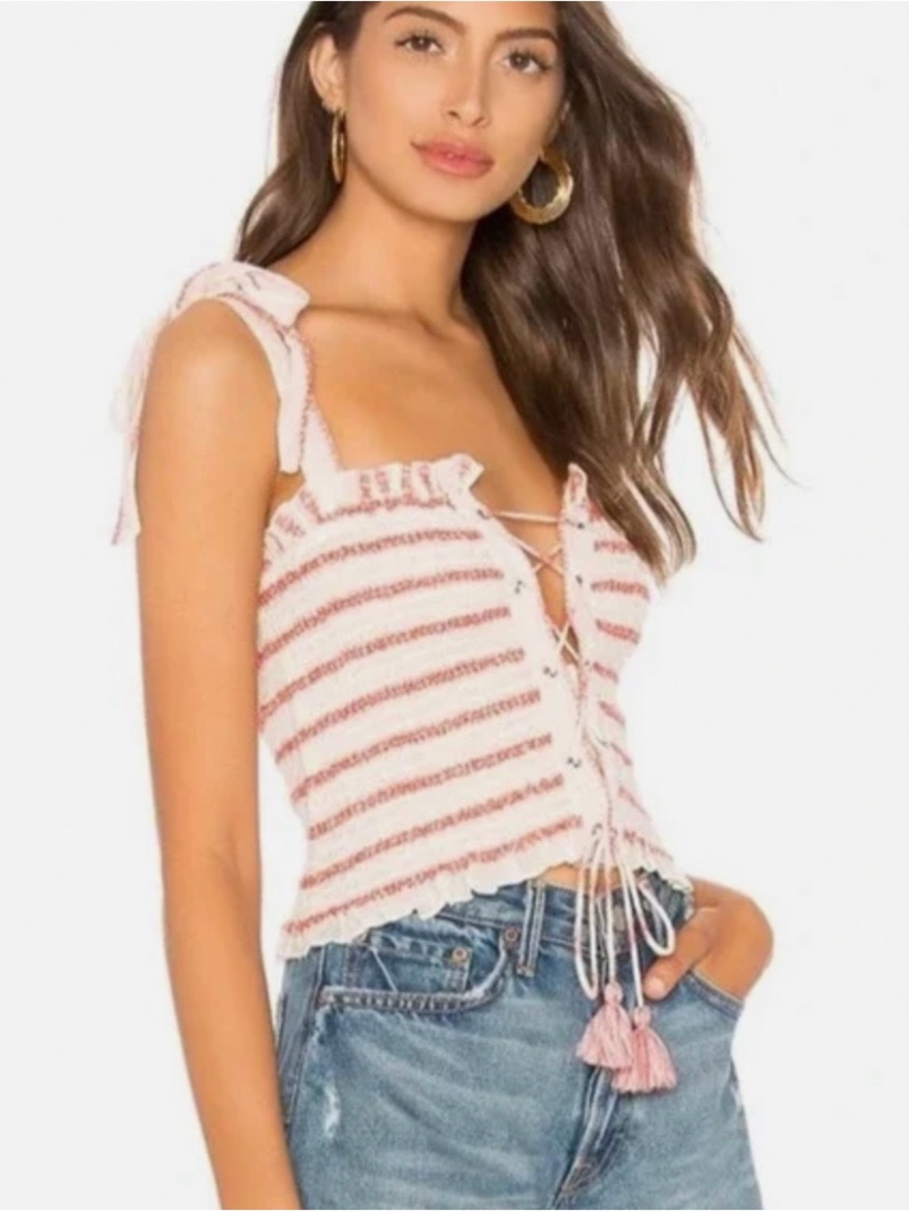 Free People Coral Red White Striped Electric Love Smocked Lace Up Crop Top XS